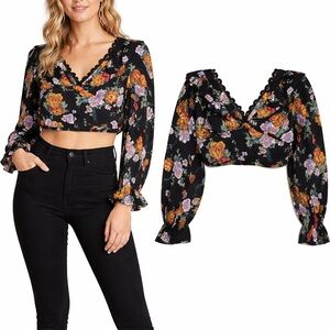 Milk & Honey Black Floral Lace Up Back‎ Long Sleeve Crop Top Blouse Size Medium